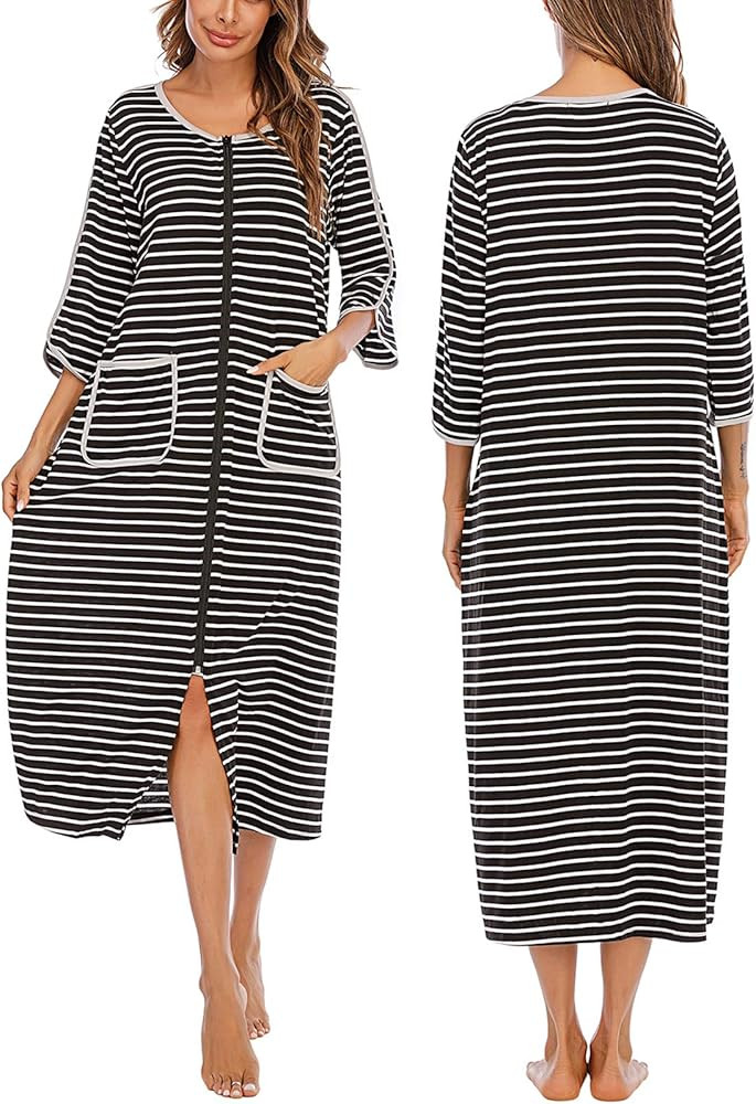 Veseacky Women Robe Zipper Front House Coat 3/4 Sleeve Nightgown Full Length Ladies Lounge Dress ... | Amazon (US)