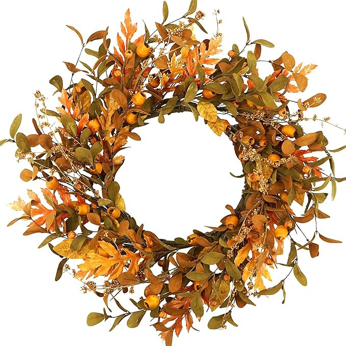 20'' Fall Wreath Autumn Wreath for Front Door with Small Pumpkins and Oak Leaves for Thanksgiving... | Amazon (US)