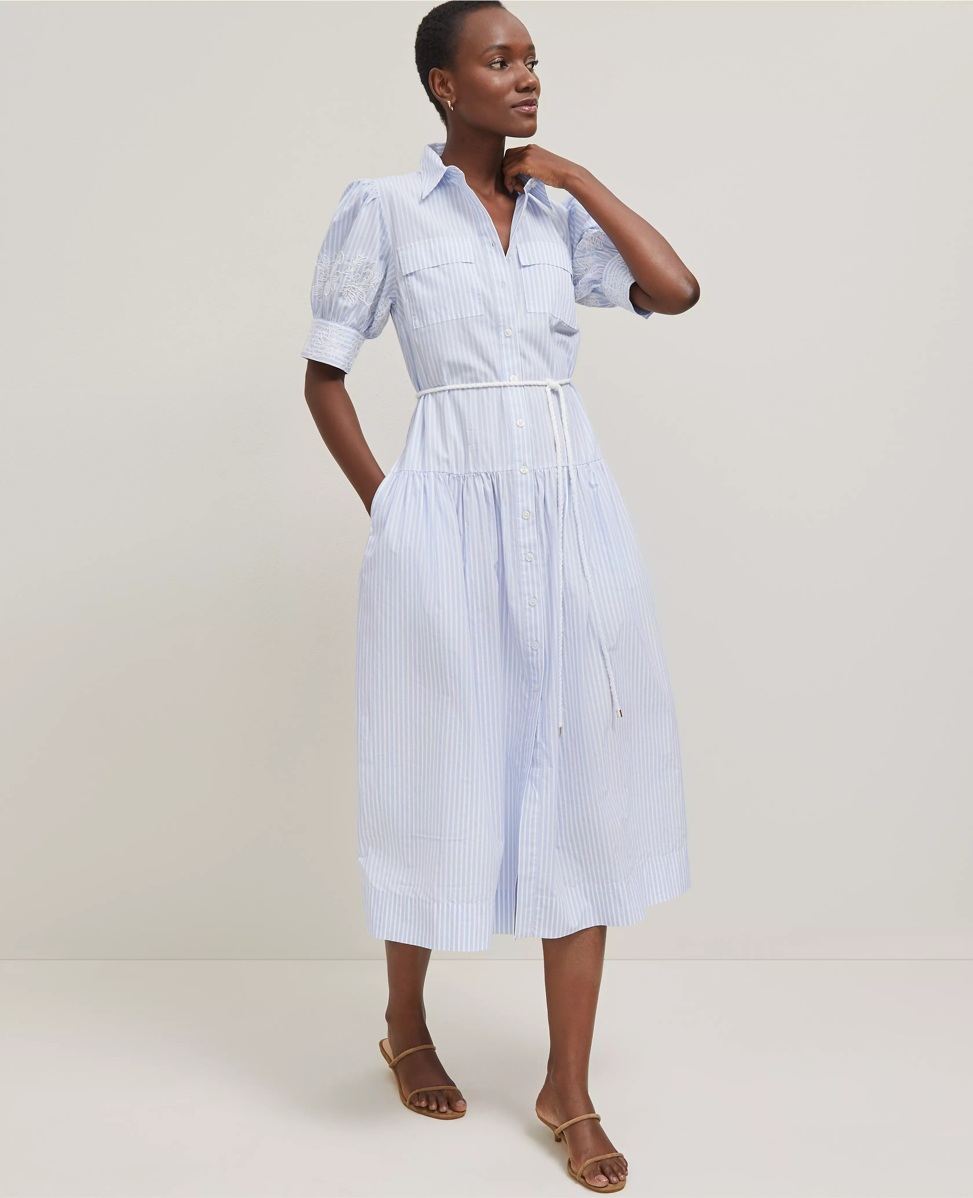 Embroidered Trim Striped Shirtdress | Ann Taylor