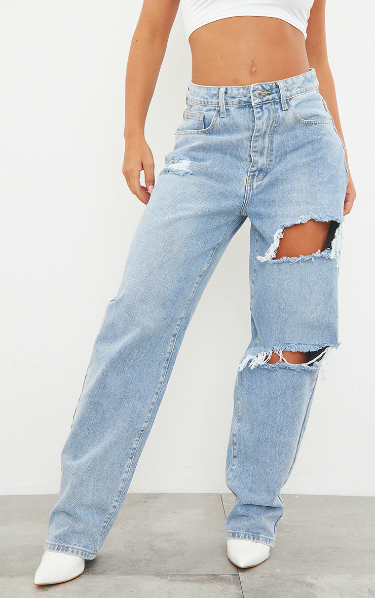 PRETTYLITTLETHING Light Blue Wash Open Knee Boyfriend Jeans | PrettyLittleThing US