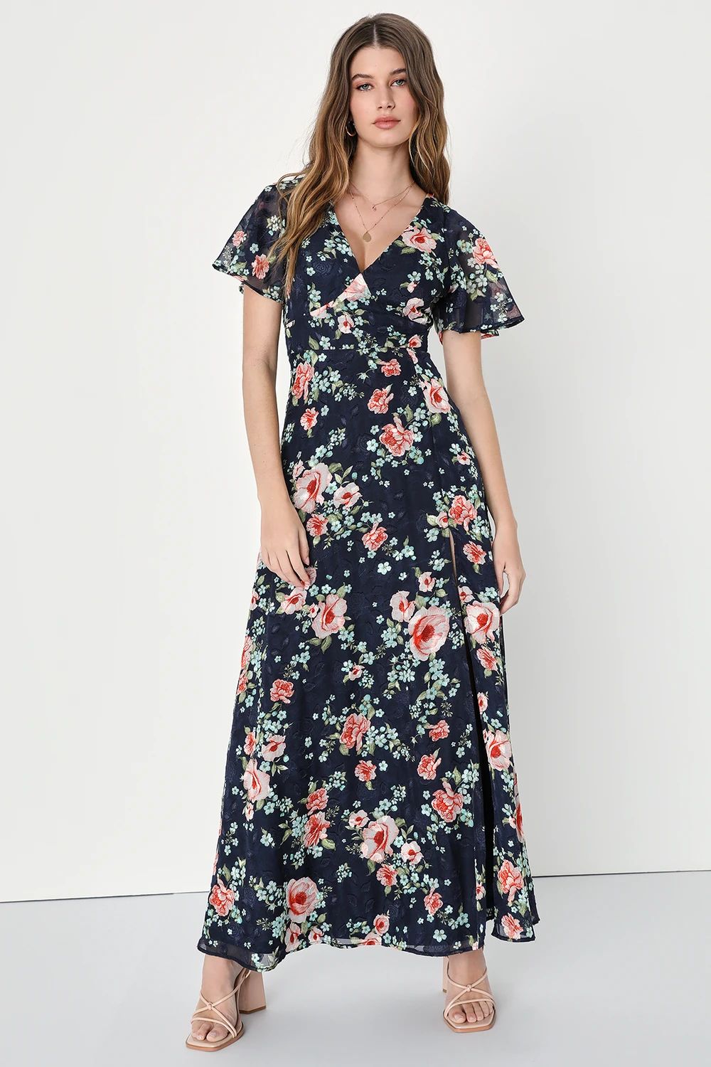 Spring Perfection Navy Blue Floral Jacquard Tie-Back Maxi Dress | Lulus (US)