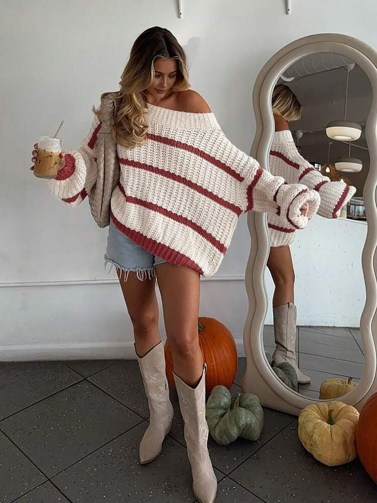 Women's Vintage Loose Soft Colorblock Striped Crew Neck Knit Sweater, Winter | SHEIN