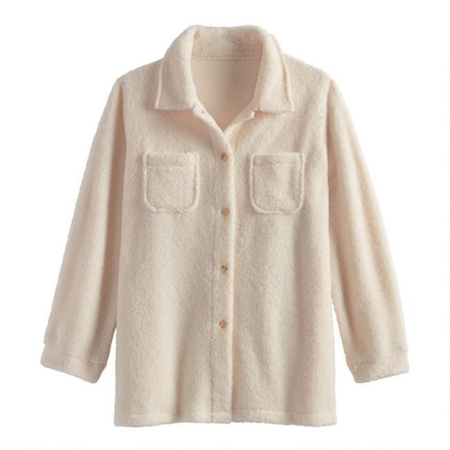 Ivory Sherpa Lounge Shirt Jacket With Pockets | World Market