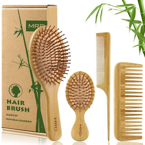 MRD Hair Brush Set, Natural Bamboo Comb Paddle Detangling Hairbrush, Wide-tooth and tail comb No Bristle, suit for Women Men and Kids Thick/Thin/Curly/Dry Hair Gift kit | Amazon (US)