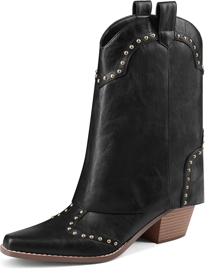 Women Shark Boots Fold Over Cowboy Boots Cowgirl Ankle Chunky Heel Snip Toe Pull On Studded Boots... | Amazon (US)