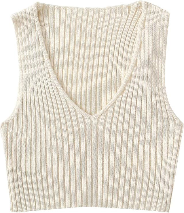 SweatyRocks Women's Ribbed Knit Crop Sleeveless V-Neck Sweater Vest Crop Tank Top | Amazon (US)