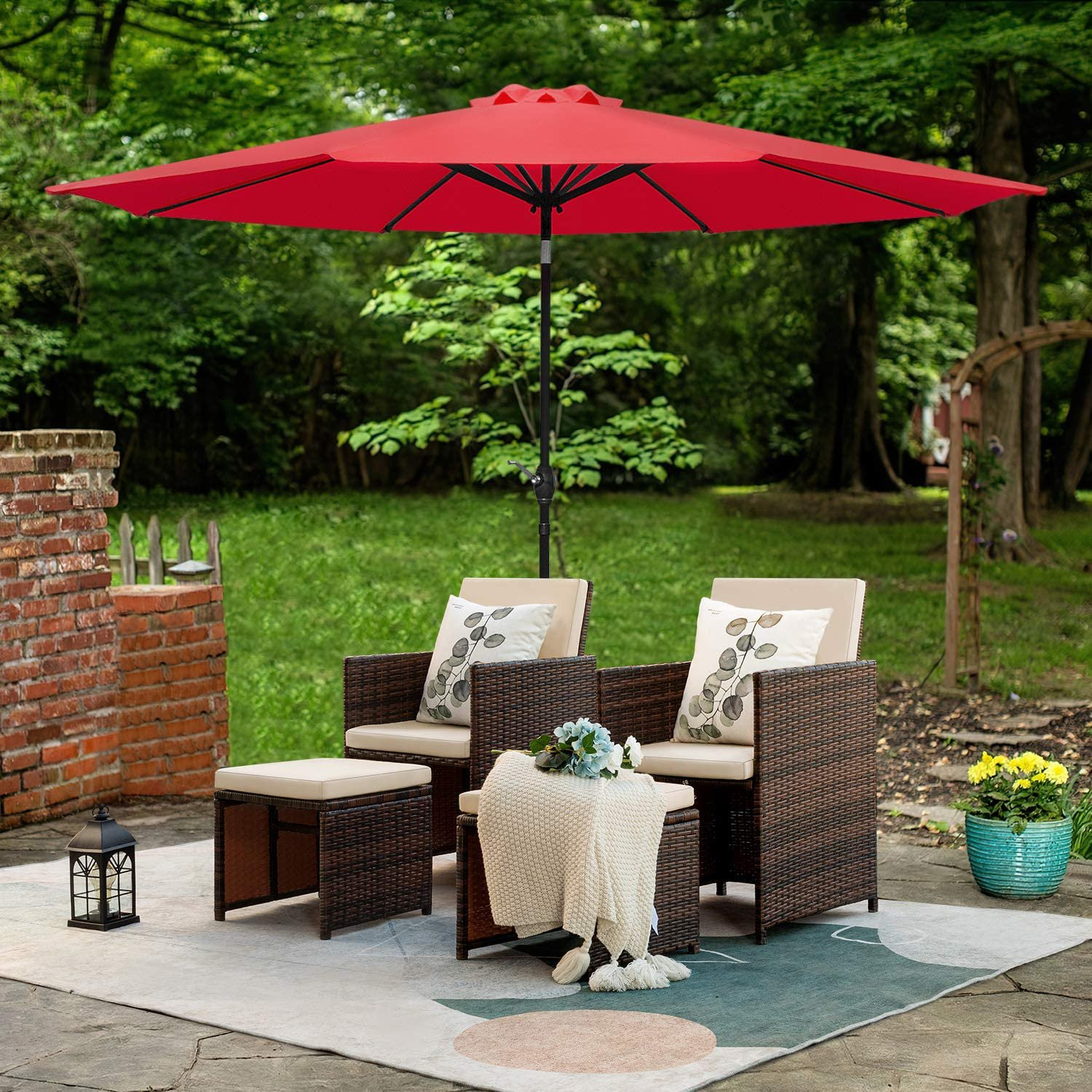 Vineego 5 Pieces Wicker Outdoor Patio Furniture Set Patio Chairs with Umbrella and Ottoman(Red) | Walmart (US)
