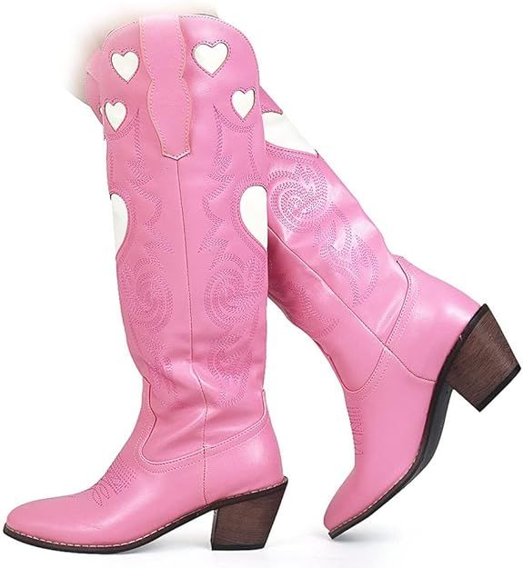 Womens Mid Calf Boots Chunky Heel Cute Heart Cowgirl Cowboy Colorful Western Cosplay Party Boots | Amazon (US)