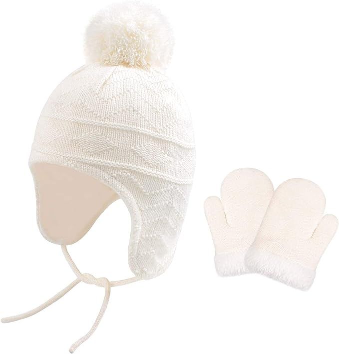 Baby Hat Winter Girl Beanie with Fleece Lined Top Pom Pom Earflap Warm Hat Fit for 1T-3T | Amazon (US)