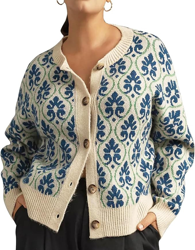 Women Knit Floral Cardigans Button Down Cute Flower Pattern Sweater Tops Open Front Casual Fall W... | Amazon (US)