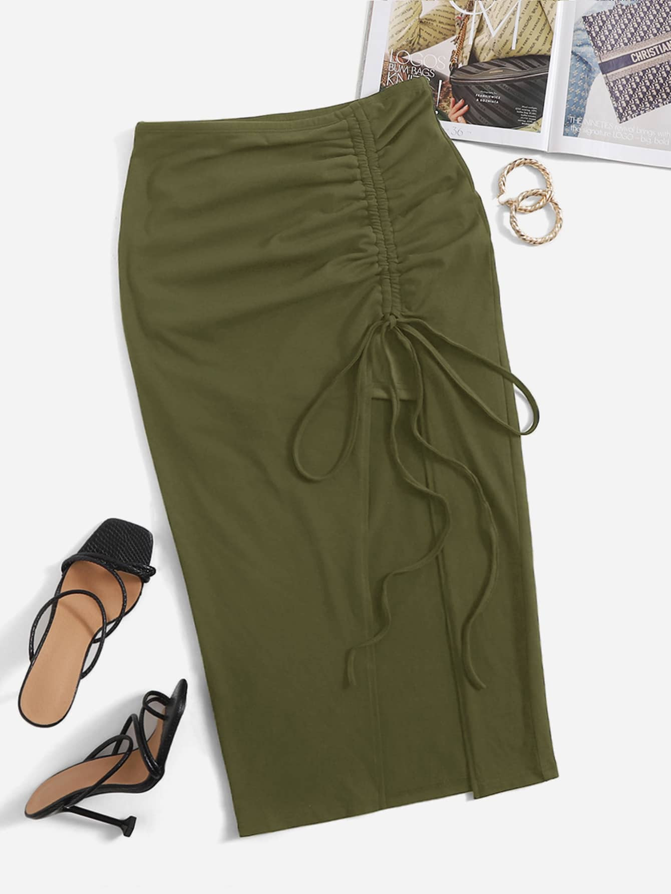 SHEIN Ruched Drawstring Split Thigh Skirt | SHEIN