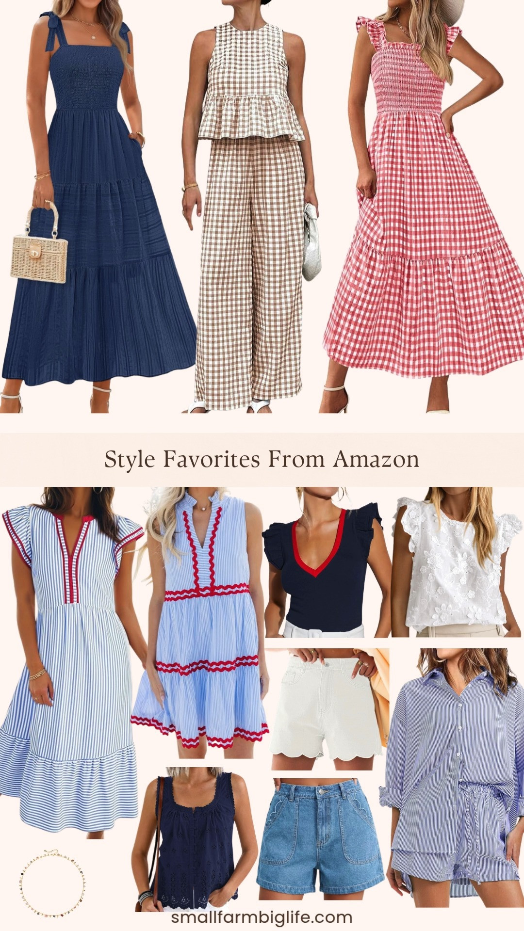 Stripes and gingham are everywhere this summer and Amazon has so many cute pieces to mix and match. The striped beach maxi dress, navy boho sundress, and red gingham midi dress are all such easy throw on options for vacation or a summer evening out. I love the gingham lounge set and the striped two piece matching set for cozy days at home, and the high waisted denim shorts and baggy wide leg jorts are perfect for casual everyday wear. The eyelet button down and lace ruffle top are pretty layering pieces, and the colorful beaded choker is such a fun finishing touch. Tap to shop! 

 #LTKgrwm #LTKootd #LTKOver40