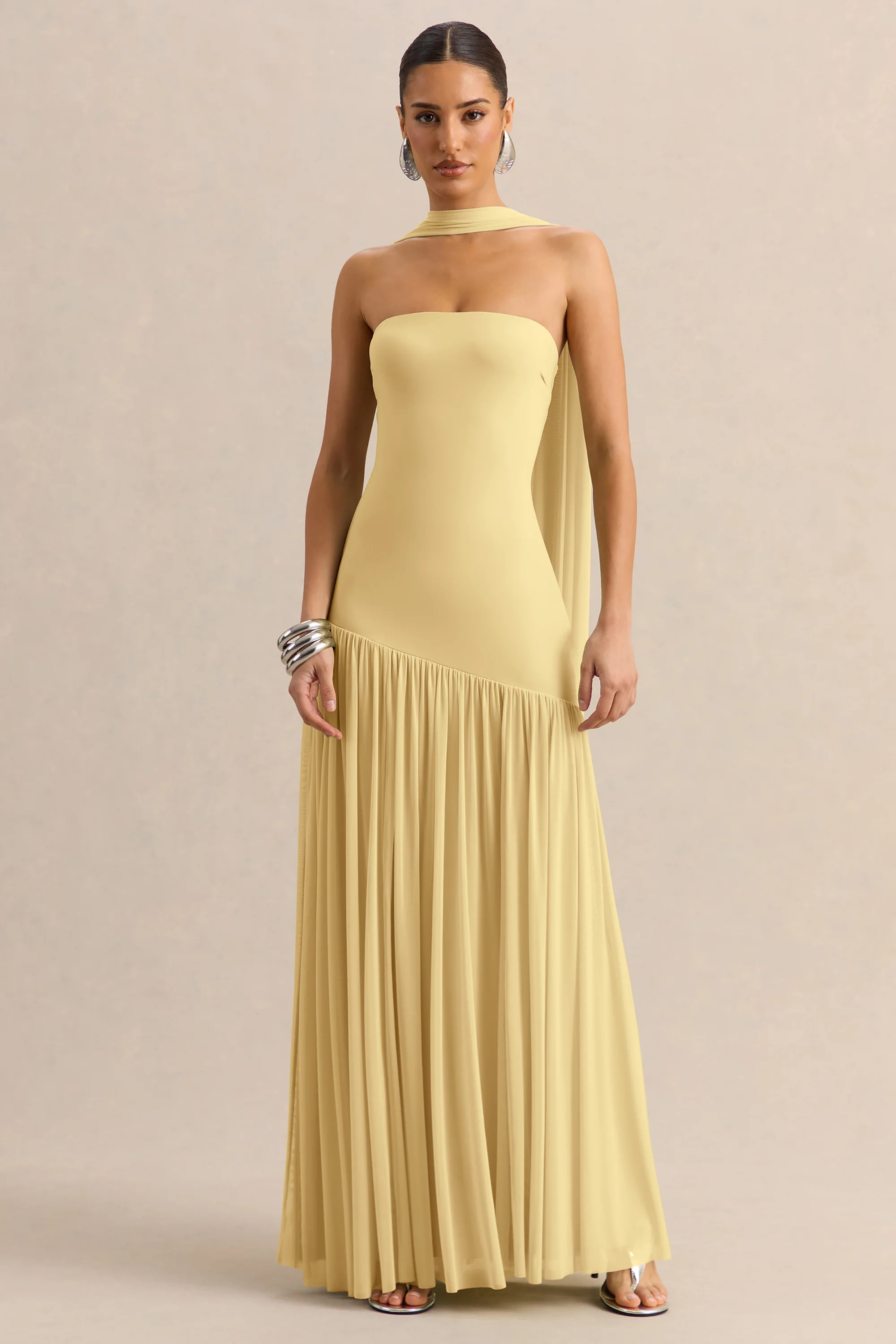 Bambi | Lemon Bandeau-Neck Maxi Dress With Scarf-Detail | Club L London
