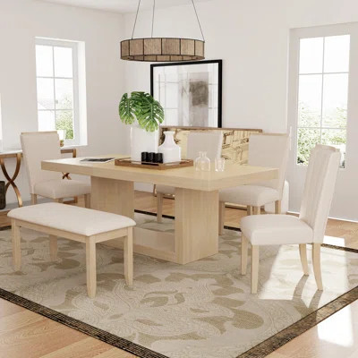 Contemporary 6-Piece Extendable Pedestal Dining Table Set with 18" Leaf, Bench & 4 Upholstered Chairs, Natural | Wayfair North America