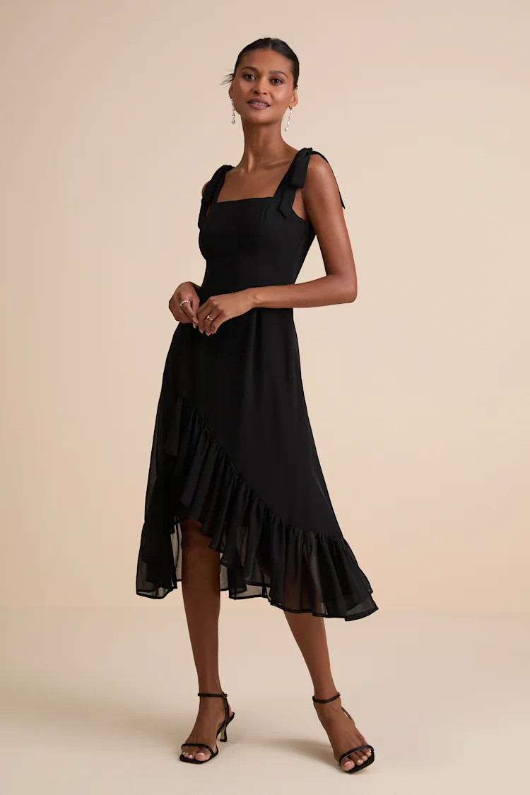Tamryn Black Asymmetrical Ruffled Midi Dress | Lulus