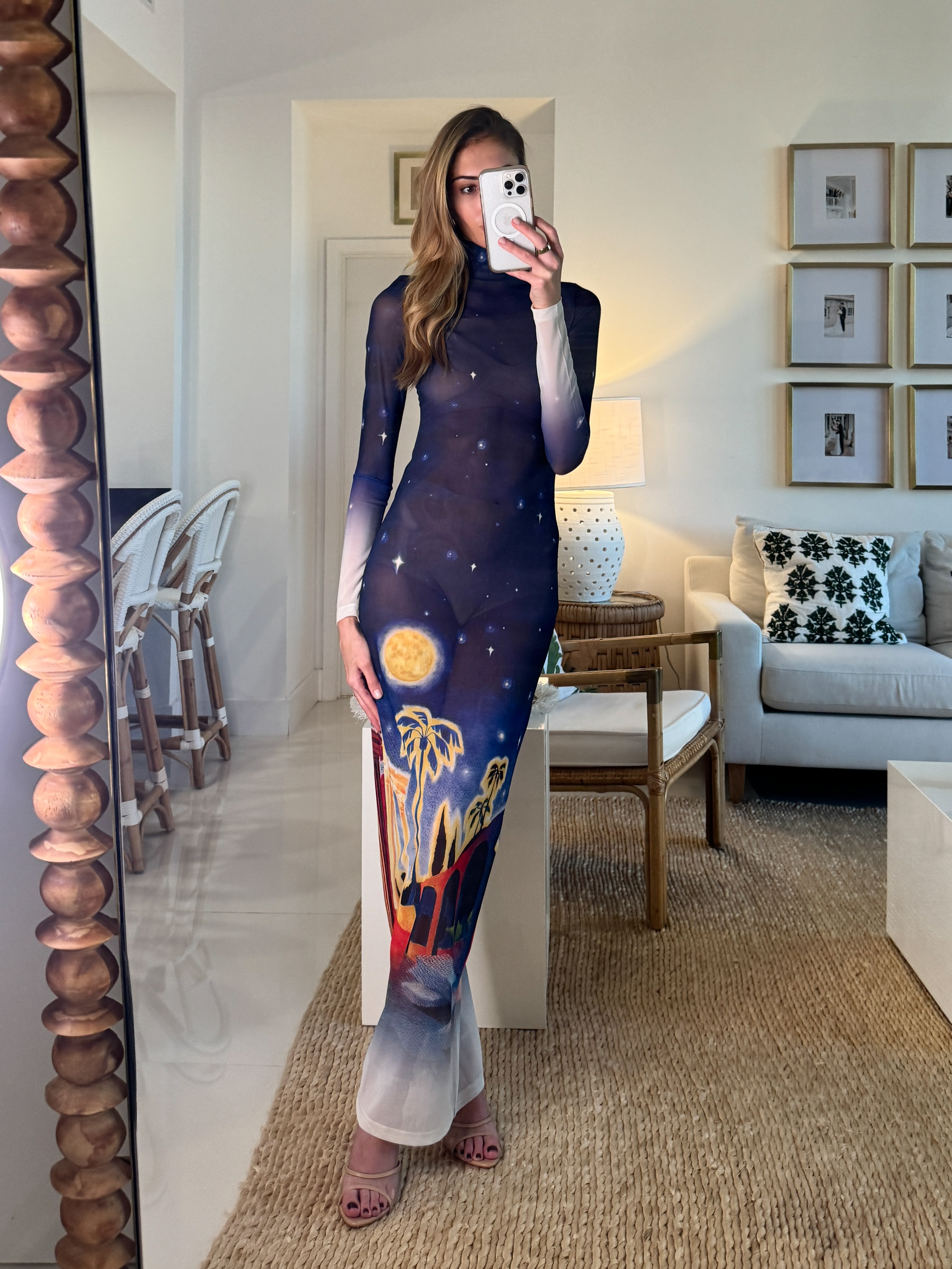 Casablanca Midnight Acropolis Mesh Dress. 💫 Wearing a size XS. I'm 5'10" for reference. Tags: casablanca midnight acropolis mesh dress, casablanca dress dupe, casablanca dress dupes, casablanca paris dress, printed mesh maxi dress, navy printed maxi dress, sheer mesh maxi dress, turtleneck maxi dress, long sleeve maxi dress, scenic print dress, moon print dress, palm tree print dress, bodycon mesh dress, going out maxi dress, statement print maxi dress, summer party dress, vacation maxi dress, resort maxi dress