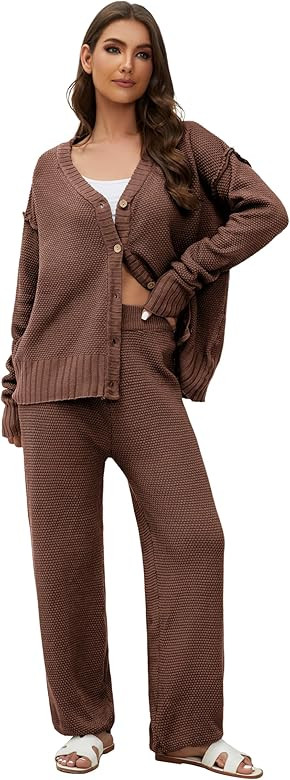 Lauweion Women's Two Piece Sweater Sets Knit Open Front Cardigan and Wide Leg Pants Fall Lounge Outf | Amazon (US)