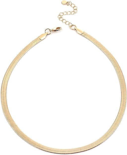 NUZON 14K Gold Plated Snake Chain Choker Thick 5MM Flat Herringbone Link Necklace Dainty Jewelry ... | Amazon (US)