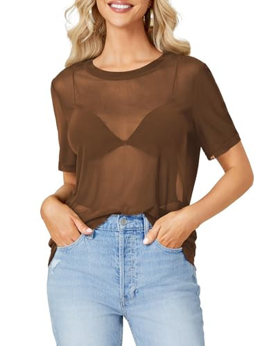 Rooscier Women's Sheer Mesh Short Sleeve Round Neck See Through Sexy Blouse Shirt Top Brown Large | Amazon (US)