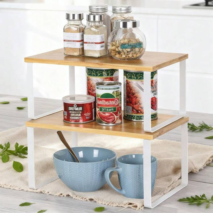 2-Tier Stackable Shelf Organizer Set Of 2 - Bamboo & Metal Kitchen Storage Shelves For Cabinet, Pantry, Bathroom - Space Saving Cupboard & Countertop Organizer - Natural/White | SHEIN