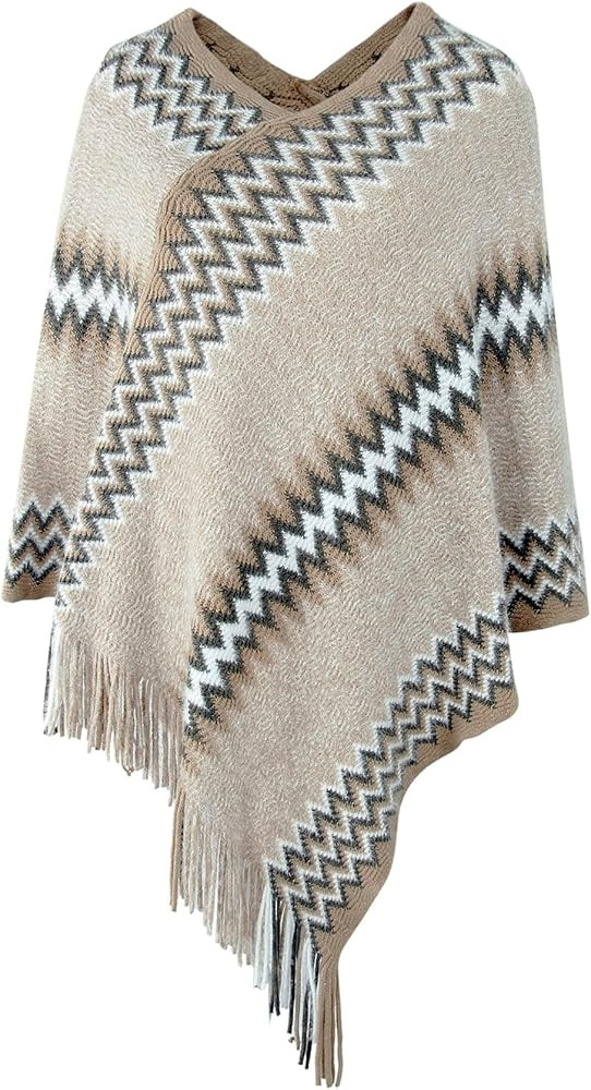 Women's Soft Knitted Zig Zag Patterned Tassel Batwing Poncho Sweater Pullover Wraps Cape | Amazon (US)