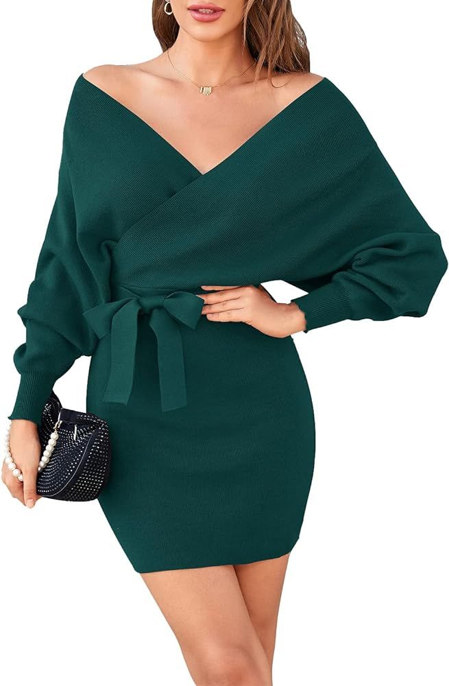 Zonsaoja Women's Sweater Dress Sexy V Neck Long Sleeve Backless Wrap Knitted Mini Dresses | Amazon (US)