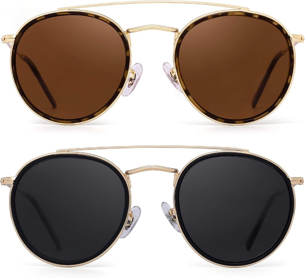 JIM HALO Small Polarized Round Sunglasses for Women Vintage Double Bridge Frame | Amazon (US)