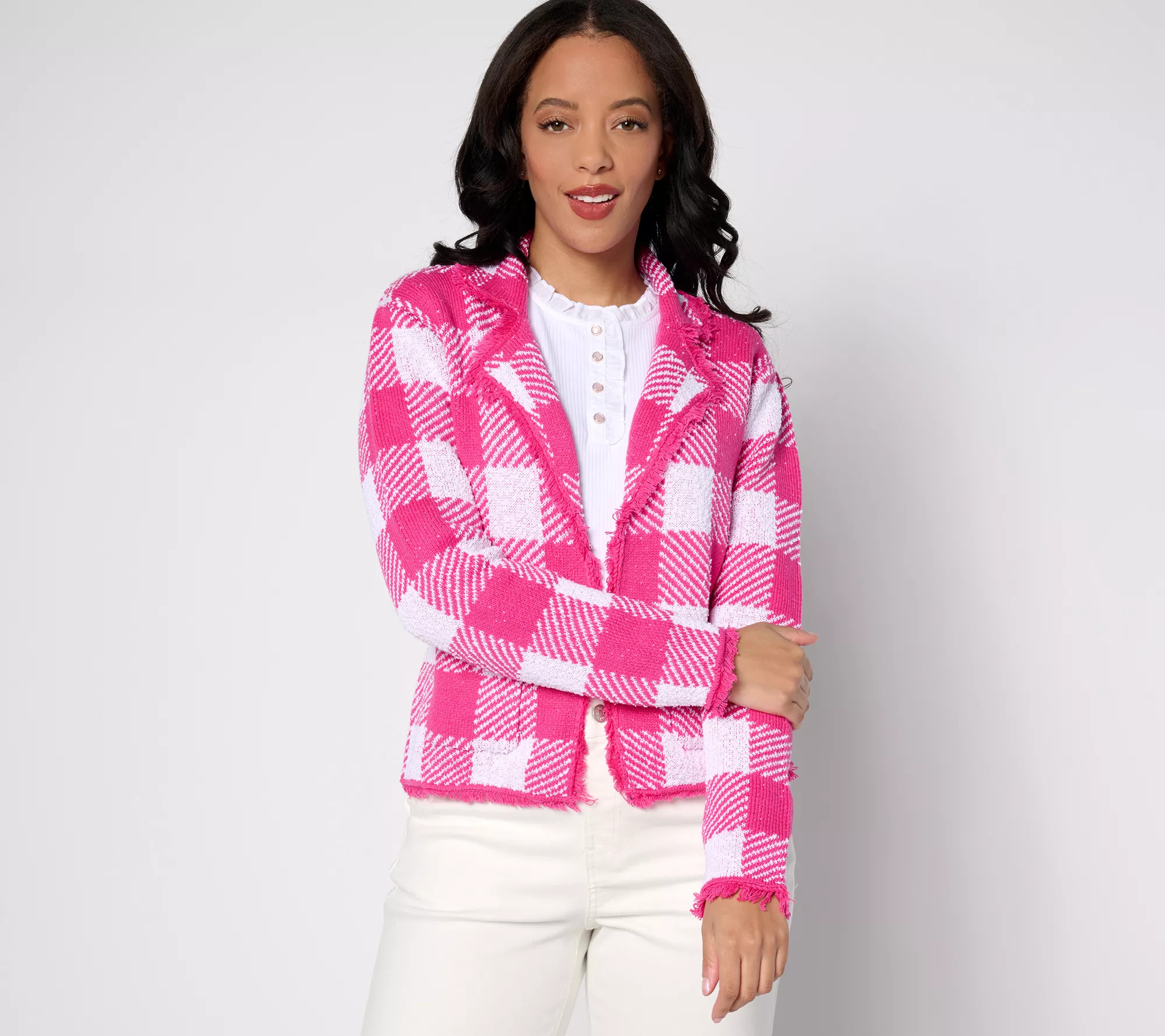 Isaac Mizrahi Live! Gingham Sweater Cardigan w/ Patch Pockets - QVC.com | QVC