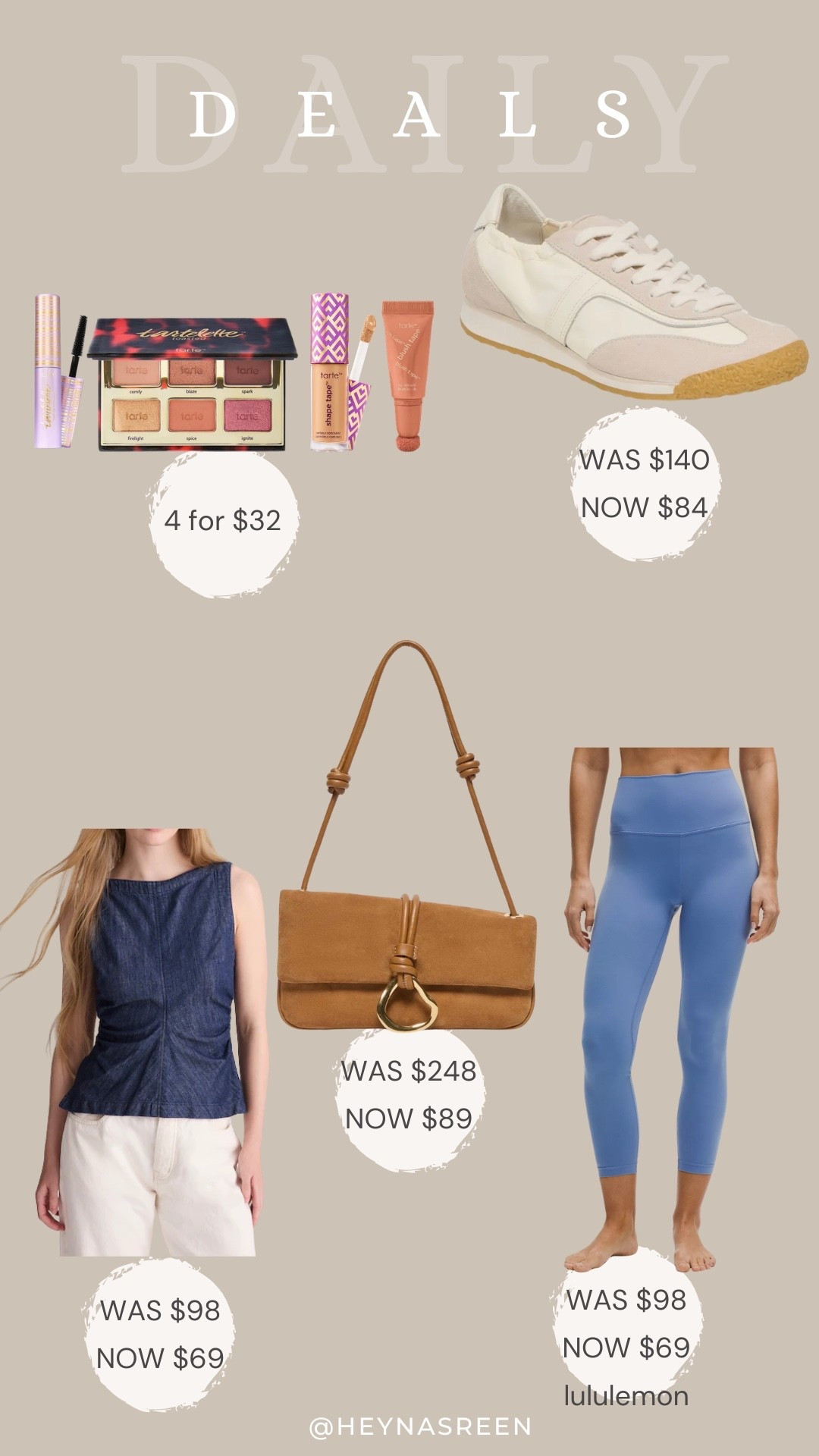 Daily deals on Tarte 4 for $32 minis, Dolce Vita sneaker, lululemon leggings, Dolce Vita bag, Madewell top 