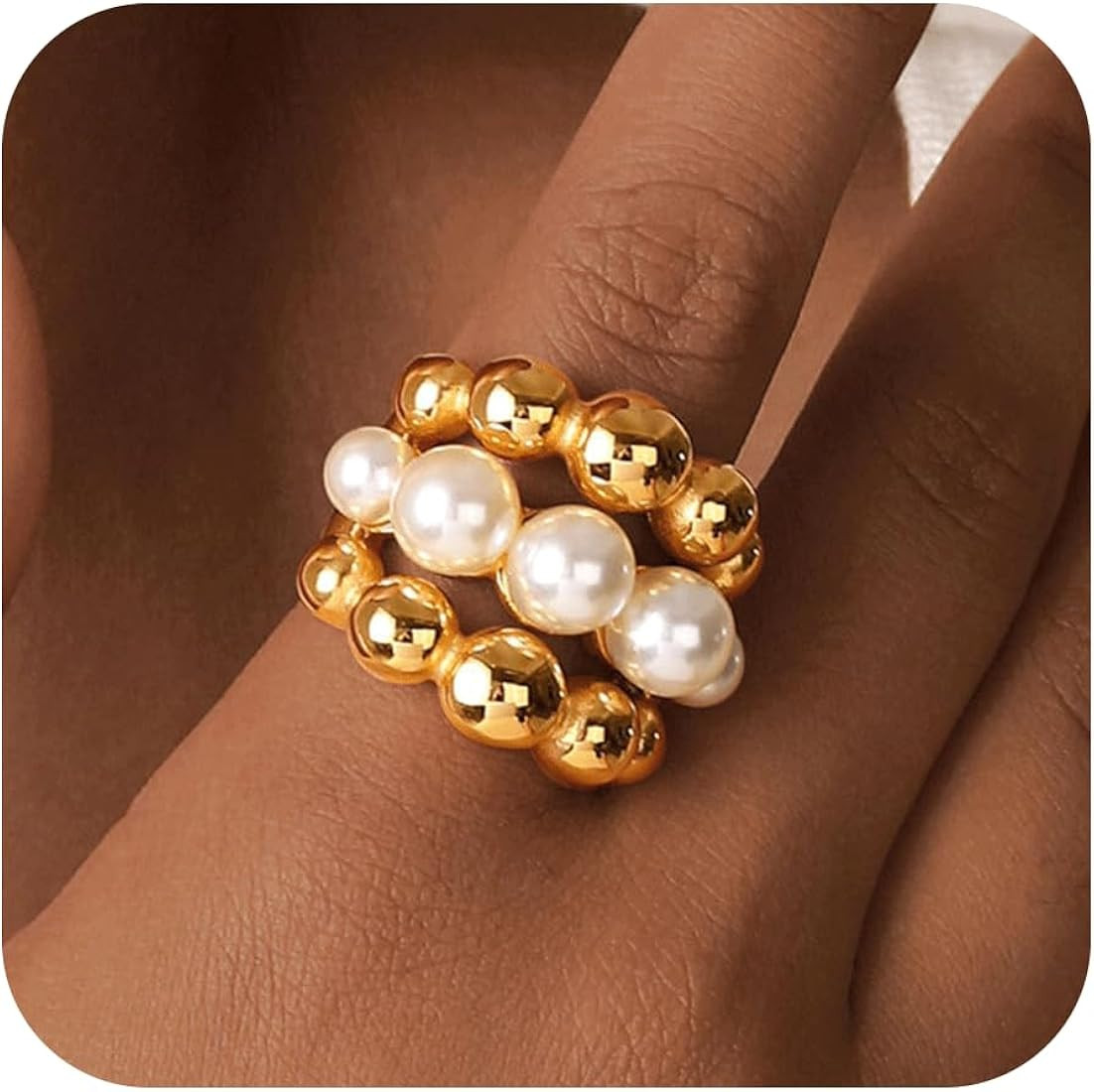 Stacking Pearl Ring for Women-18K Gold Plated Large Statement Ring, Vintage Chunky Simulated Pear... | Amazon (US)