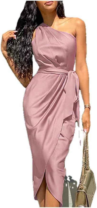 Bandage Pink Midi Satin Dress Women Off Shoulder Slit Red Sexy Evening | Amazon (US)