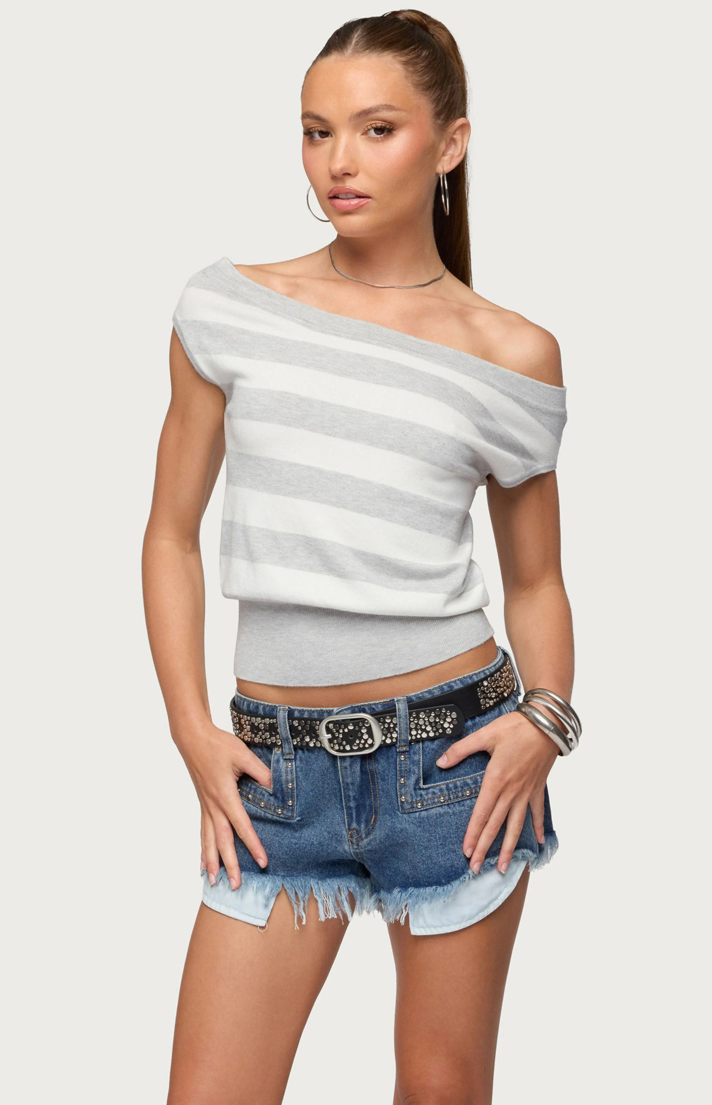 Edikted Hettie Striped Off The Shoulder Knit Top | PacSun
