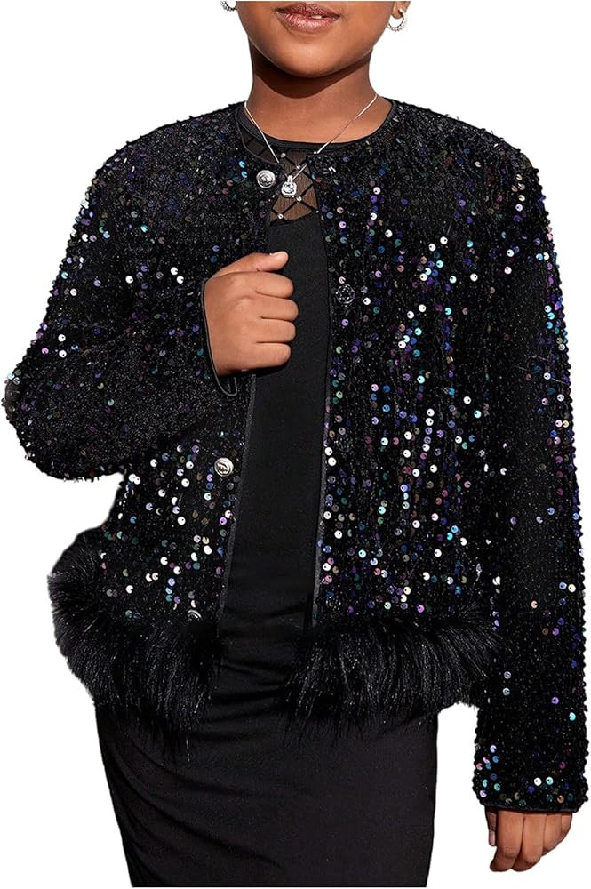 MakeMeChic Girl's Glitter Sequin Contrast Faux Fur Jacket Crew Neck Long Sleeve Button Down Y2K P... | Amazon (US)