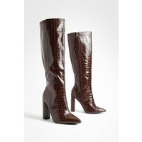 Womens Wide Fit Pointed Toe Croc Knee High Boot - Brown - 8, Brown | Boohoo.com (UK & IE)