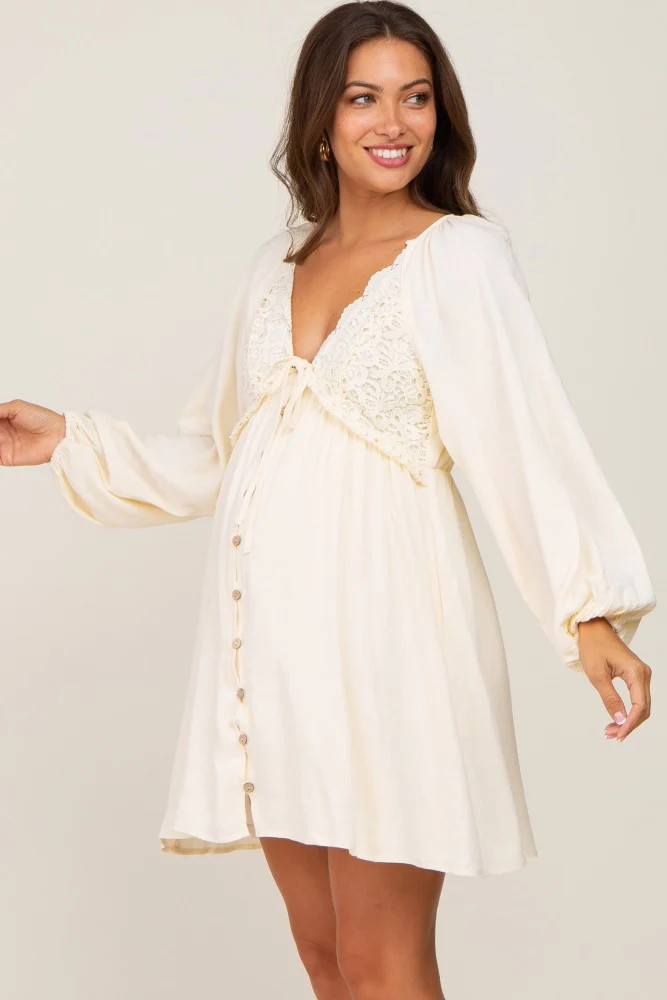 Beige Crochet Lace Button Front Maternity Dress | PinkBlush Maternity