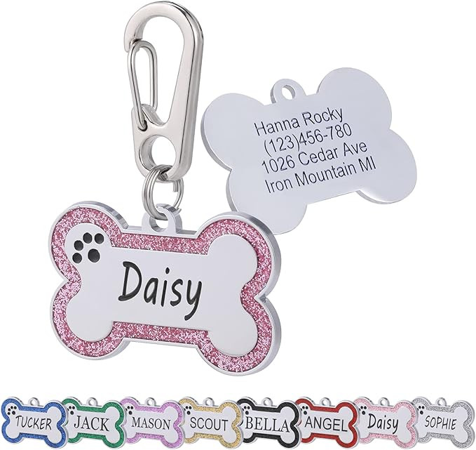 Personalized Stainless Steel Pet ID Tags with Glittery Bone Design - DEEP Engraved Dog Tags Engra... | Amazon (US)
