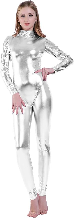 Kepblom Shiny Metallic Unitard Turtleneck Long Sleeve Footless Zentai Suit Catsuit Dancewear | Amazon (US)