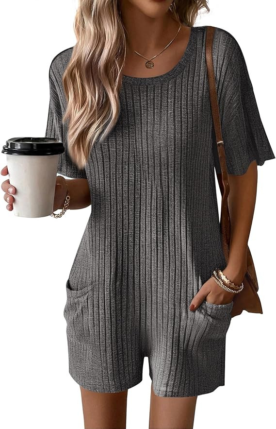 Ekouaer Rompers for Women Casual Ribbed Short Sleeve T-Shirt Tee Romper Summer Outfits with Pocke... | Amazon (US)