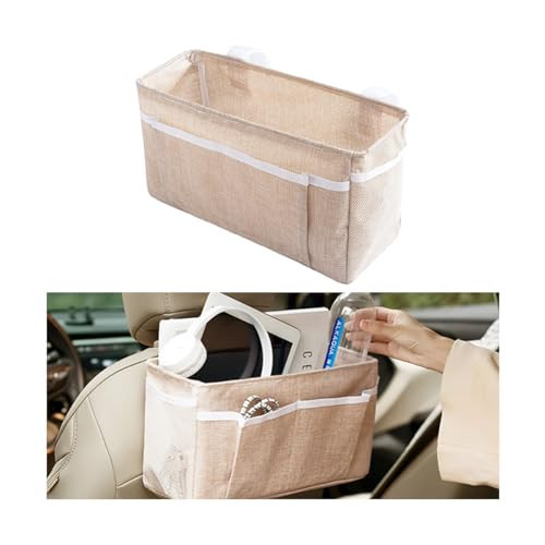 Bittwee Car Seat Back Organizer, Linen Hanging Self-Adhesive Vehicle Backseat Storage Bag with Multiple Pockets, Auto Caddy for Book Water Bottle Holder, Universal for SUV, Truck, Van (Beige) | Amazon (US)