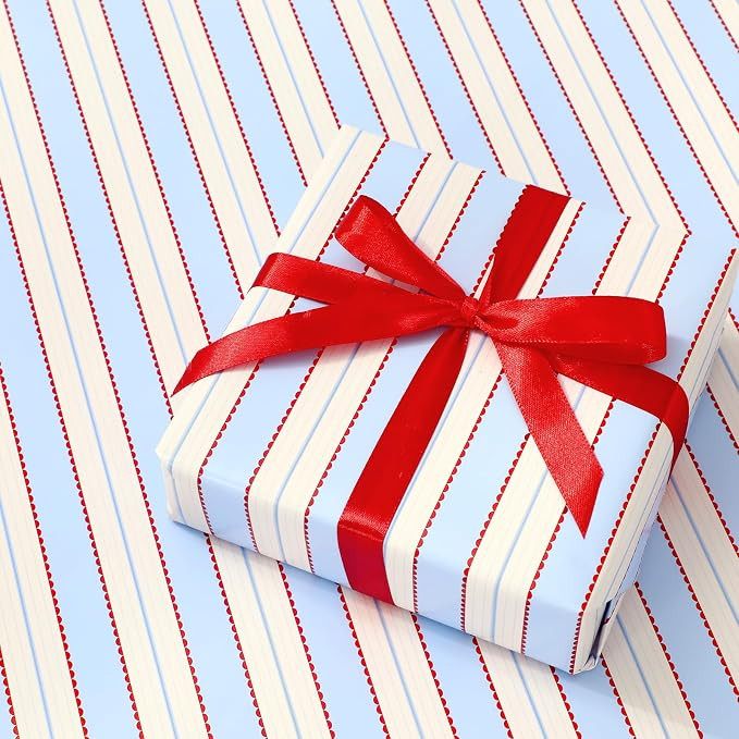 JarThenaAMCS Scalloped Stripe Wrapping Paper - Mini Roll - 17 In x 32.8 Ft Blue Beige Red America... | Amazon (US)