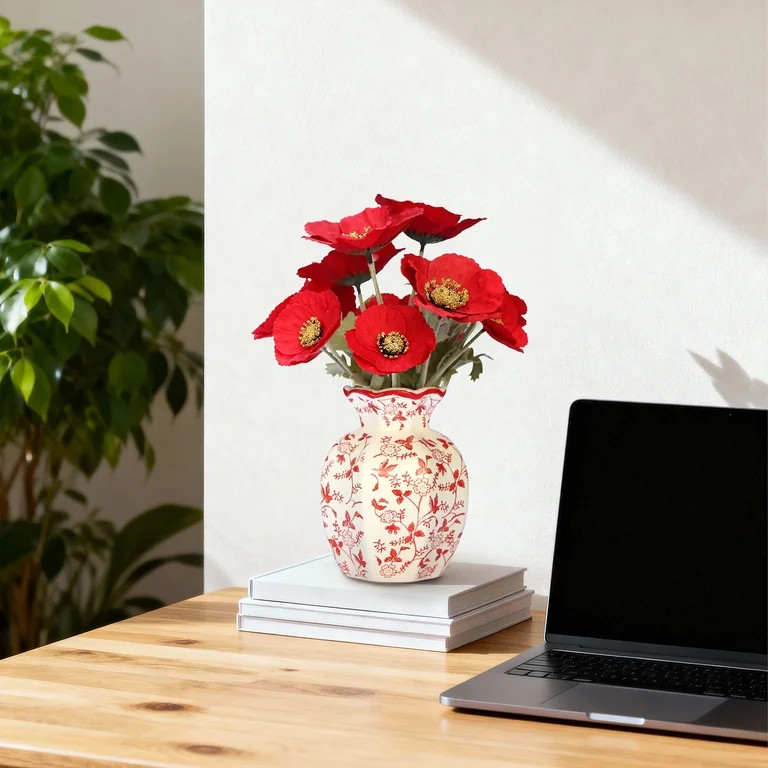 Faux Poppies in Red and White Floral Vase, 11.5", by My Texas House | Walmart (US)