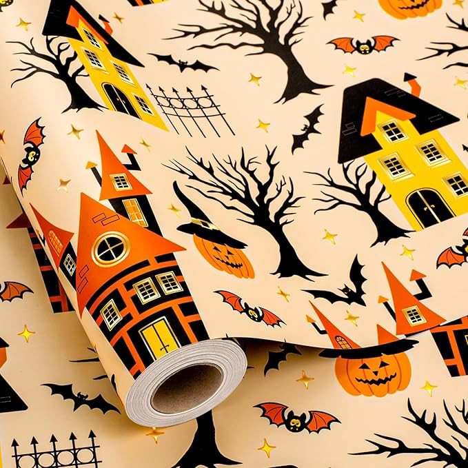 Yarcony Halloween Wrapping Paper Roll - 17 Inch X 33 Feet - Metallic Foil Classic Orange Haunted ... | Amazon (US)