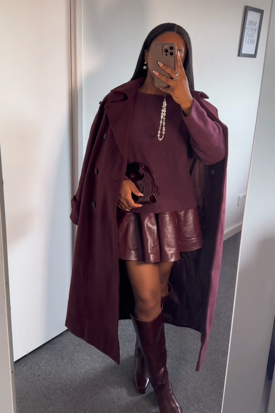 Autumn outfit ideas, burgundy sweater, burgundy mini skirt, mini leather skirt outfit ideas, asos viral burgundy coat, COS bag, burgundy boots, monochrome burgundy outfit 

#LTKuk #LTKautumn #LTKstyletip
