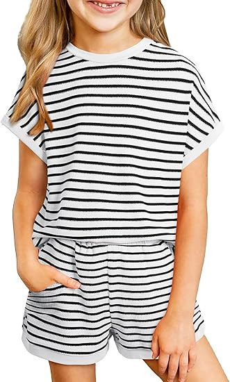 Amazon.com: blibean Tween Girls Summer Clothes Sets Big Kids Striped Short Sleeve Outfits Teen Tr... | Amazon (US)