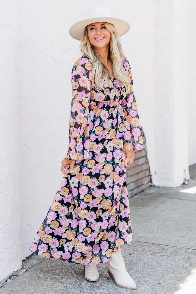 Dance The Night Away Black Multi Floral Long Sleeve Maxi Dress FINAL SALE | Pink Lily