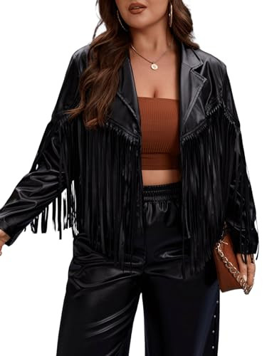 WDIRARA Women's Plus Size PU Leather Fringe Trim Open Front Lapel Neck Long Sleeve Jacket Casual ... | Amazon (US)