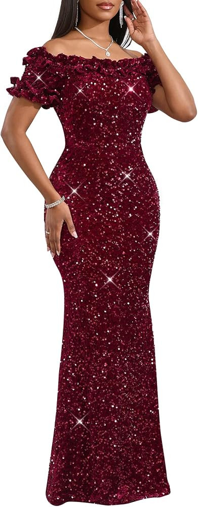 Women Sexy Sequin Off Shoulder Ruffle Short Sleeve Bodycon Mermaid Party Formal Evening Maxi Dres... | Amazon (US)