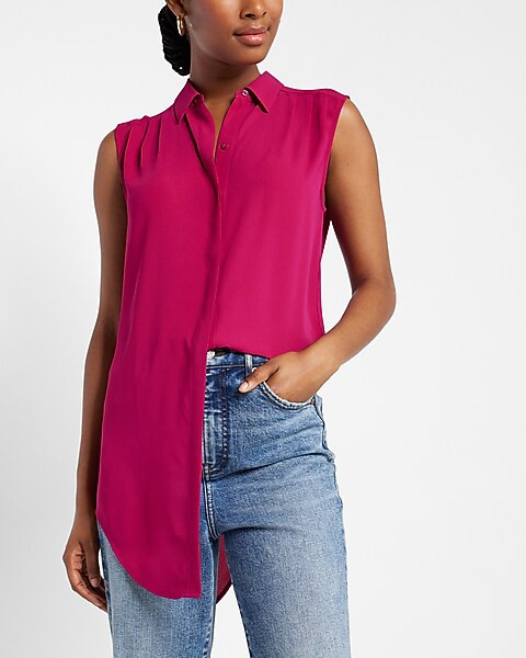 Sleeveless Pleated Shoulder Tunic Shirt | Express