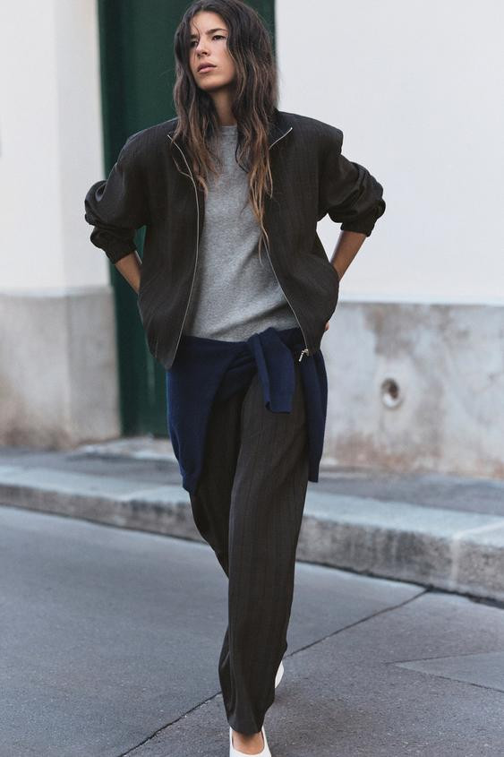 Zara - Plaid Barrel Pants - Navy Blue - Xs - Woman | Zara US