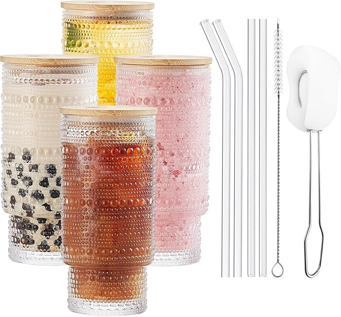 Hobnail Drinking Glasses Set of 4 with Bamboo Lids and Straws, 16 oz Vintage Glassware Set, Beade... | Amazon (CA)